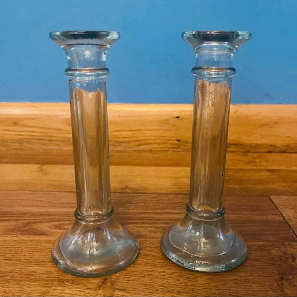 Hand blown recycled green glass candlesticks, recycled art, set of 2